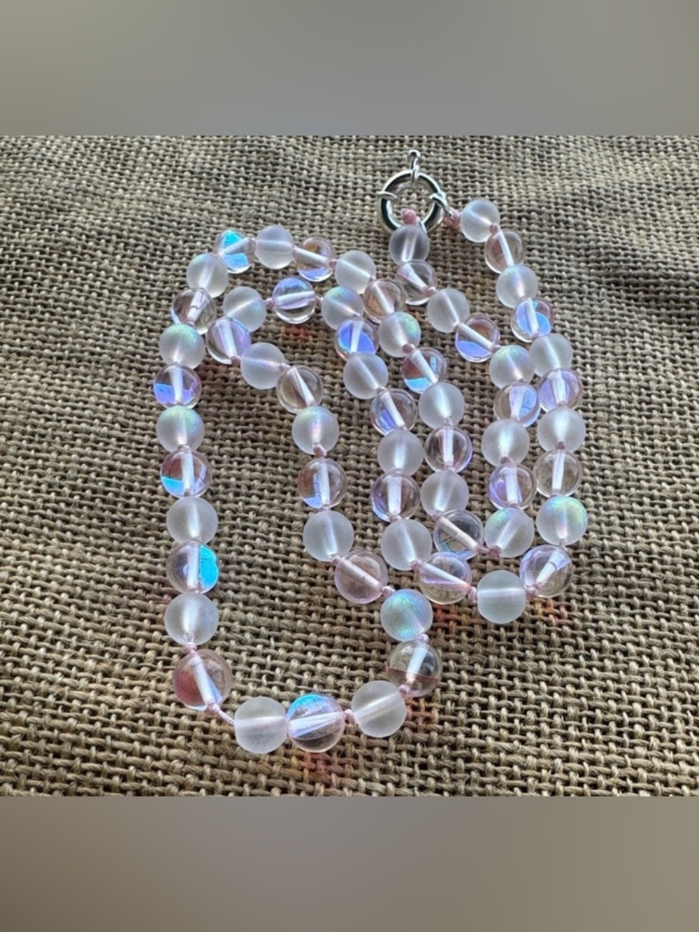 Natural Moonstone & White Opal Iridescent Beaded Necklace knotted New